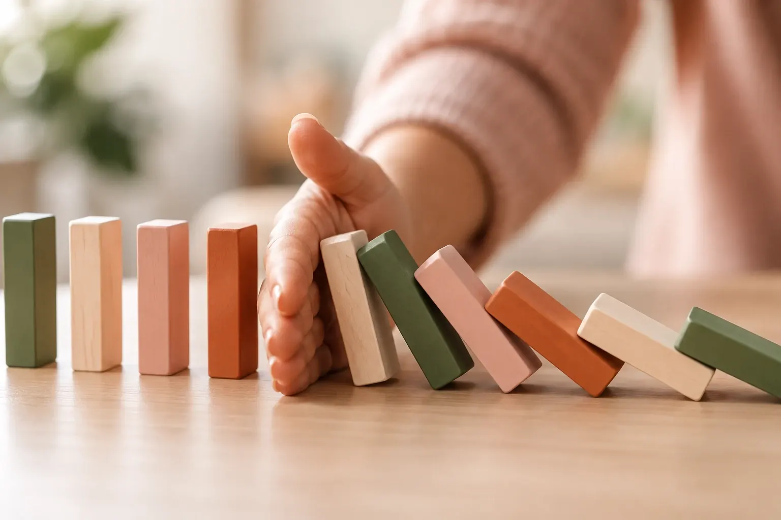 Une main arrête une rangée de blocs de bois vert, rose et orangé qui tombent en cascade.